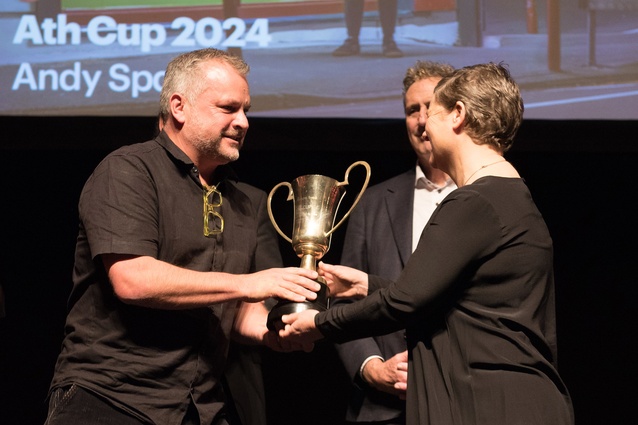 Andy Spain receiving the Ath Cup from Te Kāhui Whaihanga NZIA’s Wellington branch on Thursday 23 May at the St James Theatre in Wellington.