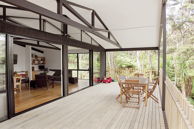 The expansive deck and living area are far roomier than the term 'pre-fab' indicates.