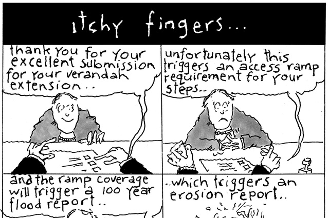 Itchy Fingers... by architect and cartoonist Malcolm Walker is a recent cartoon depicting an architect’s declining mental state.