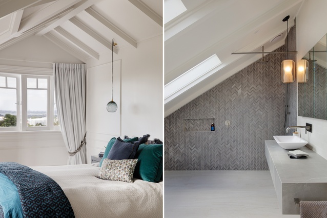 The master bedroom features Élitis bedding and a Monmouth Glass Studio pendant; in the en suite: tiles from European Ceramics, tapware from Bagno, and pendant from Lee Broom.