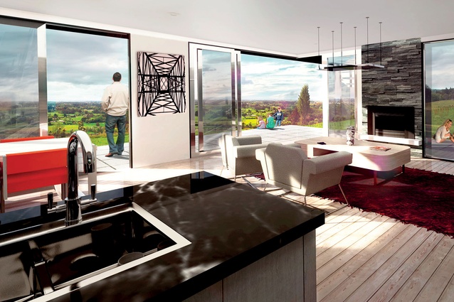 The open-plan living area enjoys expansive north- and west- facing views. 