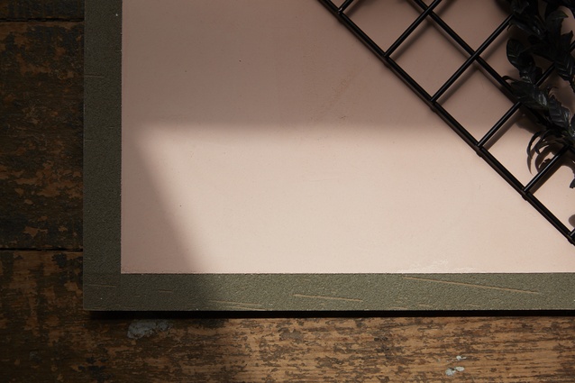 Detail of Te Ari's moodboard, which uses Resene's Rockcote Otsumigaki, a traditional Japanese interior clay and lime plaster.