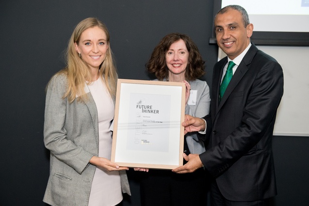The NZGBC 2019 Future Thinker of the Year Kate Boylan with Dr Deidre Brown, head of the University of Auckland School of Architecture and Planning, and global leader in sustainability Ibrahim Al’Zu-bi.