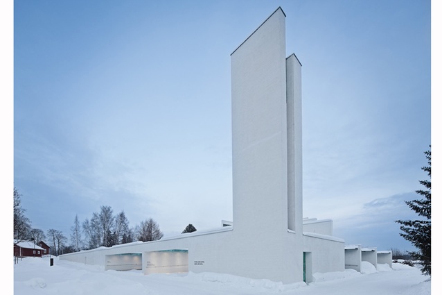 Chapel of St. Lawrence by Avanto Architects in Vantaa, Finland. This 2010 project features three different-sized whitewashed funeral chapels, a copper roof and a bell tower.
