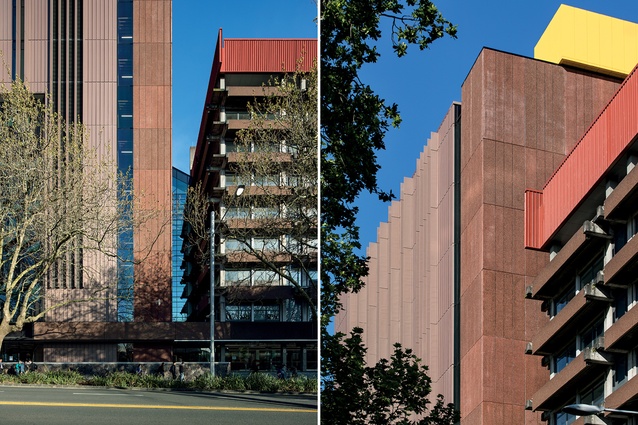 The exterior of the new building references its neighbours, especially in the use of richly coloured scoria walls.