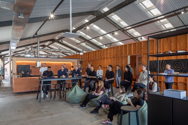 The kitchen space hosting a team meeting. 