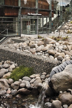 Gabion walls and feature waterfall. 