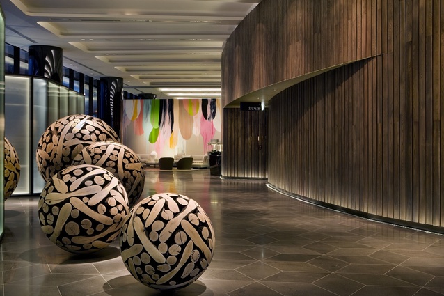 Chestnut sculptures by Lee Jae-Hyo in the foyer of Melbourne’s Crown Metropol.