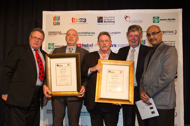 Peter Chisholm and William Stockman receive the James Hardie Innovation Award for Te Aro Hihiko - College of Creative Arts - at Massey University Wellington Campus.