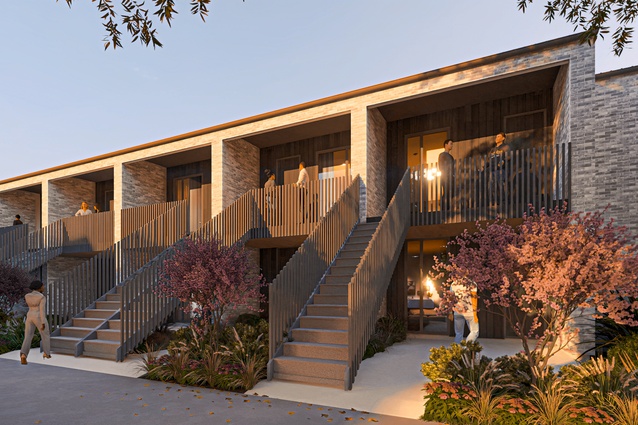 One and two-bed apartment access from the village green.
