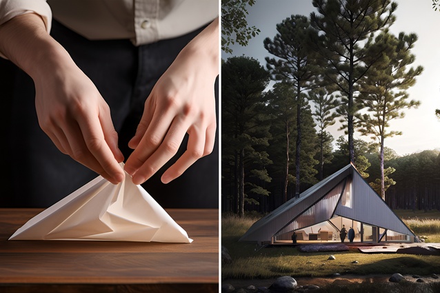 Using Stable Diffusion, a folded piece of paper is visualised as a cabin in the woods.