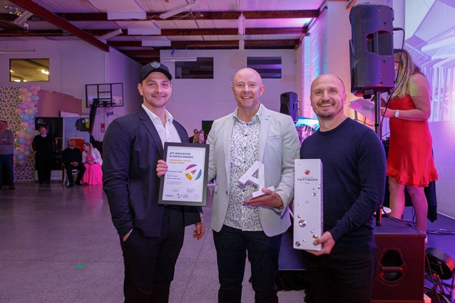 Commercial Design Grand Winner recipients for Chapman Tripp meeting space: Daniel Kempka (left) and Scott Compton (far right) Warren and Mahoney interiors team.