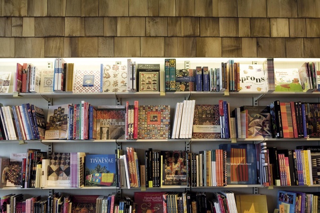 Shelving at Minty-designed textile book shop, Minerva on Wellington's iconic Cuba Street. 