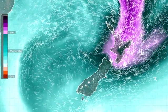 An atmospheric river as seen over New Zealand in July 2022. The purple areas indicate high moisture values associated with flooding risk.