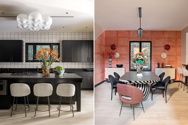 The kitchen blends Italian design (chandelier and Murano glass) with a black granite counter top and Wearstler-designed upholstery and wall tiles; the dining room features a table designed by Wearstler from bleached and ebonised oak alongside an Augusto Bozzi feature chair and Saporiti side chairs.