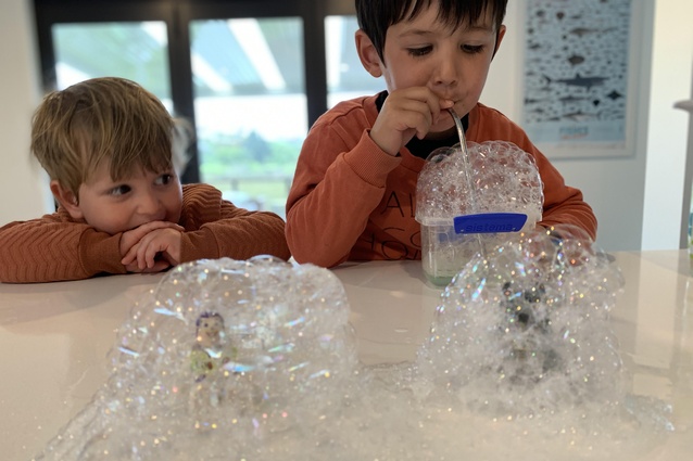 Finalist: Gus (age 4), Otto (age 19mo) and Sam (age 39) – "Batman, Woody and Buzz Lightyear were looking forward to joining their bubbles." Made from dishwashing liquid.