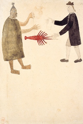 Early exchange in the Pacific: A Maori bartering a crayfish with an English naval officer [ascribed to Tupaia], 1769, from Drawings illustrative of Captain Cook’s First Voyage, 1768–1771. 