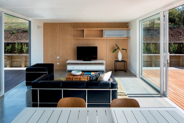 In the living area, Parsonson Architects devised a simple-but-clever way to hide the heat pump by covering it with bespoke shelving on the back wall.