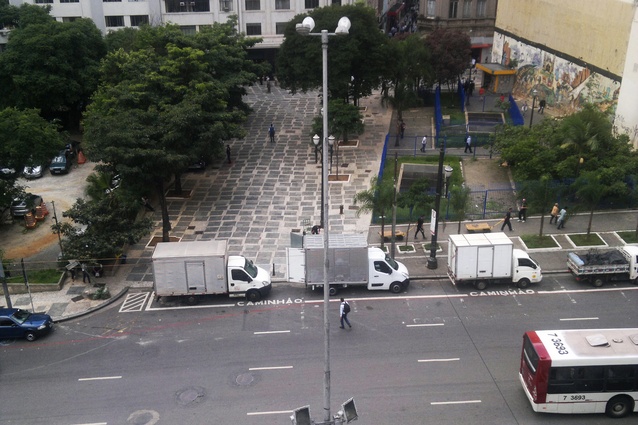 Before: Largo de São Francisco, São Paulo, Brazil. 2014. Before the changes to the square, hundreds of people would cross the street on an hourly basis under unsafe conditions.