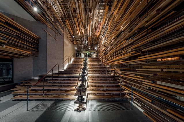 The hotel’s photogenic and social-media friendly grand stairs were made from more than 2,000 pieces of recycled timber from a nearby basketball court.  
