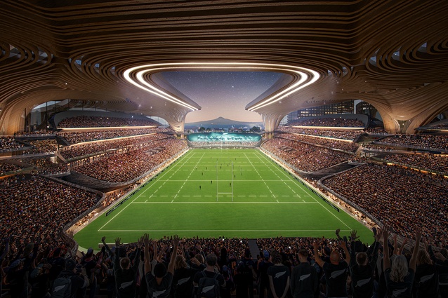 An interior view shows how the stadium’s ‘U’-shaped form frames the outlook to the Waitematā Harbour and to Rangitoto Island beyond.