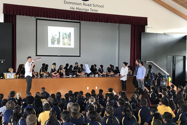 A group of Athfield Architects, Model Citizens winners, presented their Lego set to Dominion Road School with a presentation about their model.