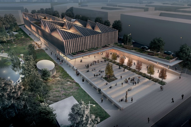 A rendering of Adjaye Associate’s Latvian Museum of Contemporary Art, the centrepiece of New Hanza City in Riga. The form resonates with traditional domestic Baltic architecture.