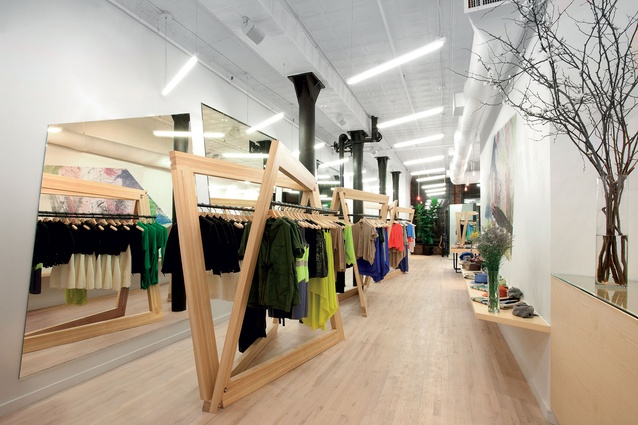 An angular, geometric retail environment at Cut25, a fashion store in SoHo.