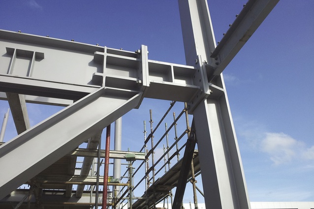 Bolted eccentric brace frame links yield and dissipate seismic energy.