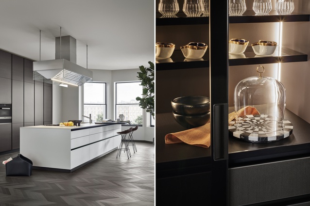 Also from Studio Italia, the tall units in this Poliform Twelve kitchen are finished in a metal lacquer and the island has etched glass doors and a Dekton benchtop; bronze glass doors enclose a cupboard with internal LED lighting.