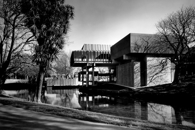The Limes Room and kitchen block of the Christchurch Town Hall sit beside the Avon River, 1972.