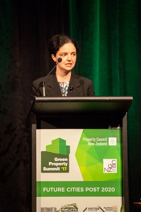 Davina Rooney, general manager of sustainability at Stockland Corporation, talks during the morning panel session.