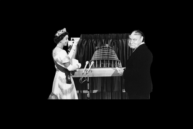 A digitally collaged comic portrays Queen Elizabeth II and New Zealand Prime Minister Robert Muldoon at the opening of The Beehive in 1977. Overlaid on the top slide are images of protest against the Dawn Raids and Ngāti Whātua’s occupation of Bastion Point, which occurred in the same decade.