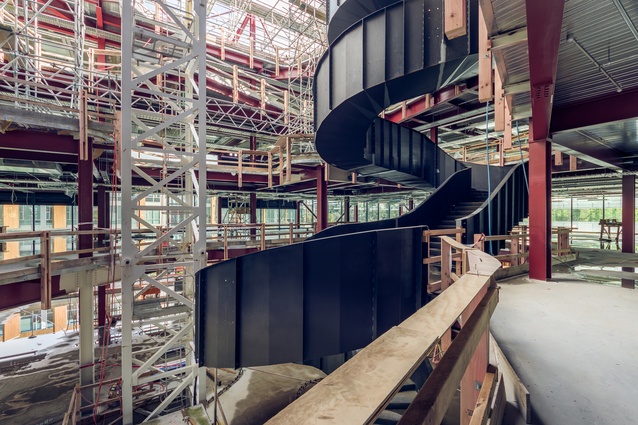 The spiral staircase under construction inside the B:Hive.