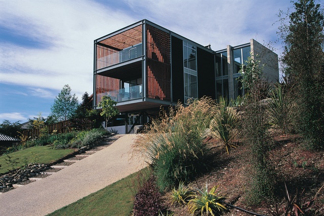 The streetside (south-west) elevation of the Wanaka house designed by Niko Young of Parker Warburton Team Architecture.