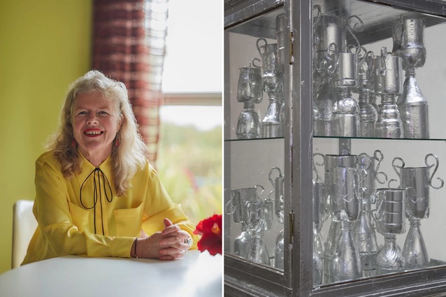 Artist Judy Darragh (left) and her work <em>Detail Trophy</em>, 2009 from the exhibition Studio of Exhaustion for Diligent Service, 3 July - 1 August, 2009, Two Rooms Gallery. Plastic, aluminium foil.