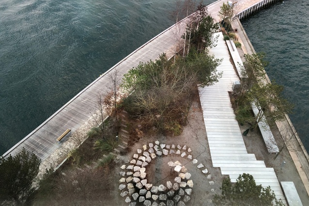 The view from the top floor down to the BIG-designed landscaping at the pier’s end.