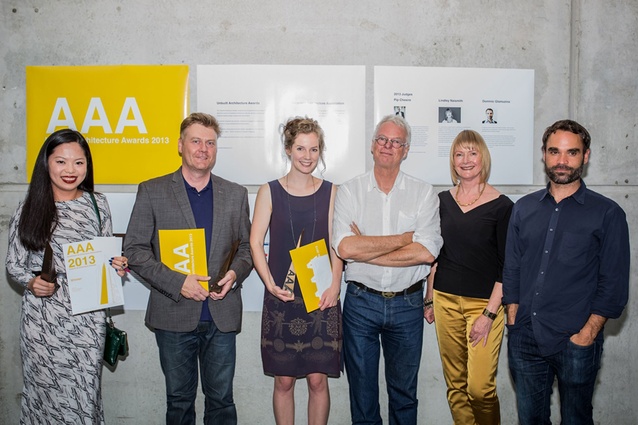 Winners and judges (from left) Holly Yumeng Xie, Ben Hayes, Terese Fitzgerald, Pip Cheshire, Lindley Naismith and Dominic Glamuzina.