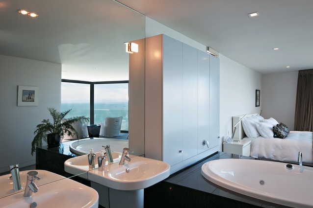 The main bedroom shares the cantilevered box with the main bathroom.