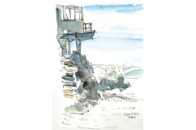 The intimate relationship of building, water’s edge and pedestrian path – our own Cinque Terre. Taylors Mistake, a sketch by Pip Cheshire, 2018.