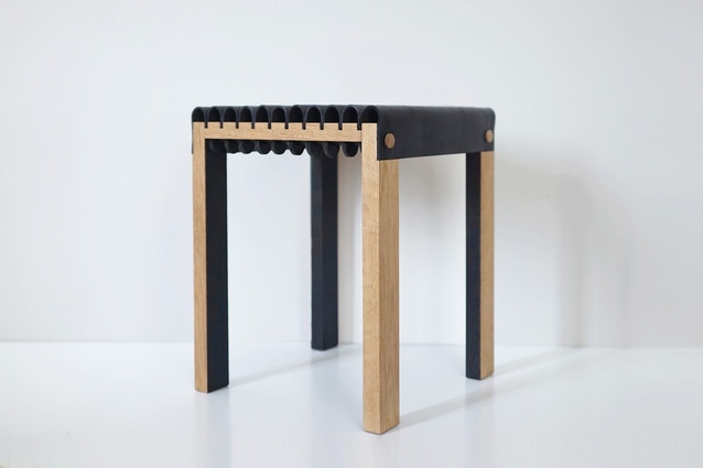 At Design Junction, Belgian design student Heleen Sintobin showed her prototype Tartufo Collection: a stool and bench upholstered in hollow cylinders of leather (obviating the need for foam filling).