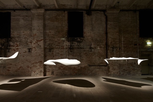 Floating "moments" from prior projects  accompanied Zaha Hadid’s <em>Arum</em> sculpture for the Common Ground exhibition at the 2012 Venice Architecture Biennale. 