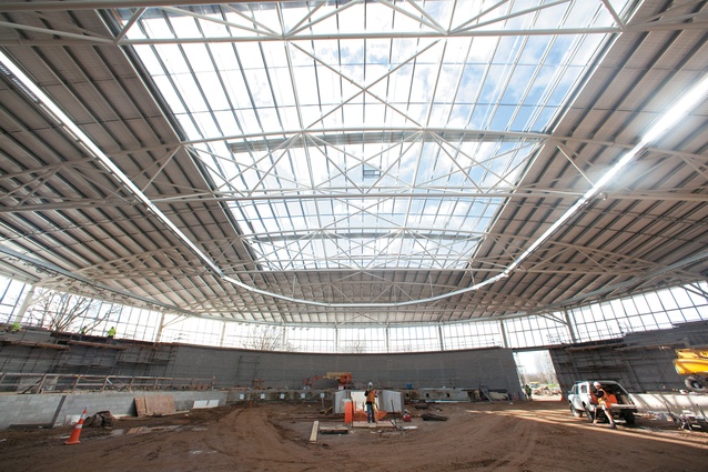 The roof spans 77 metres in width, and 120 metres in length.