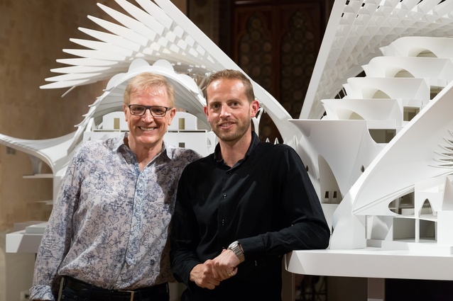 Fred and Damien Van Brandenburg in front of their 2014 <em>Unfurling</em> exhibition.
