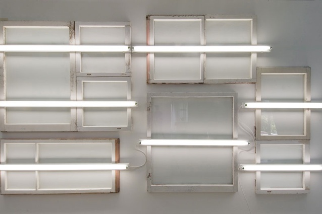 Bill Culbert. Flat Out, 2009. Wood, glass, fluorescent tubes and electrical cable.