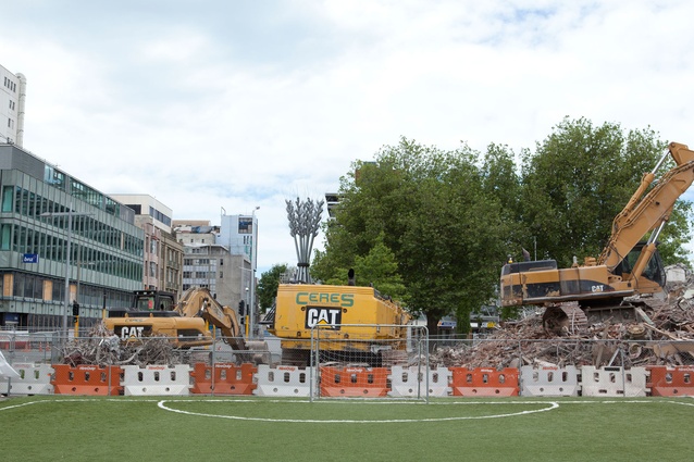 Football in the gap sits opposite the Ibis Hotel, a site formerly within the boundaries of the red zone. 'Flour power', a Regan Gentry sculpture, sits in the background like an oversized regional locator beacon.