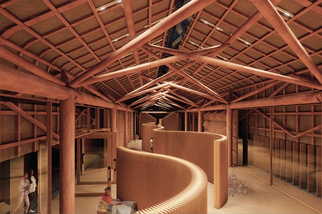 Interior of the fale: temporary screen walls on display below and the lofted roof structure system illuminated above.
