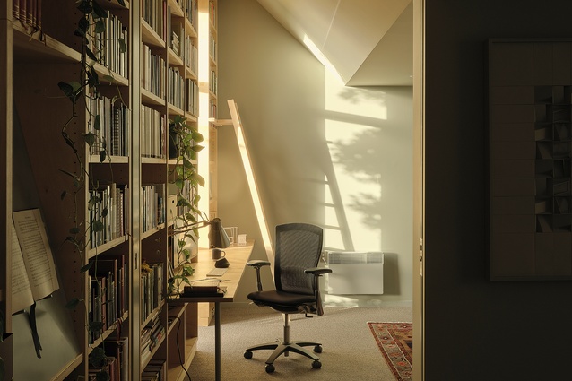 The vicar’s office is occupied by Rev. Clare Barrie, the designer’s wife, and her library.