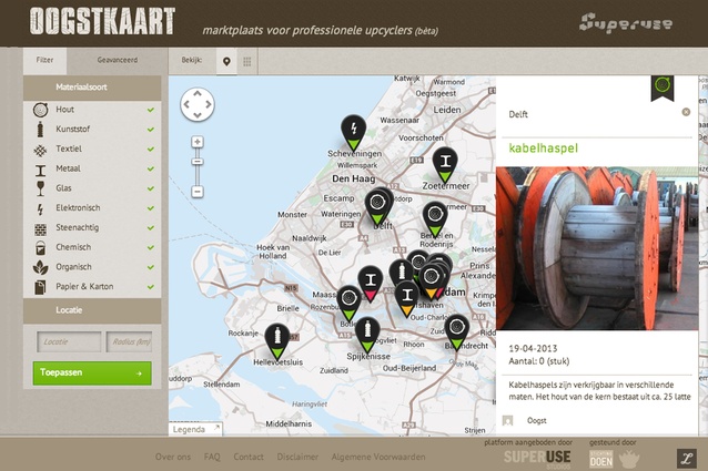 Harvestmap.org. Superuse Studios created this site in order to easily map the sources of waste materials. It is an open platform that can be used globally.