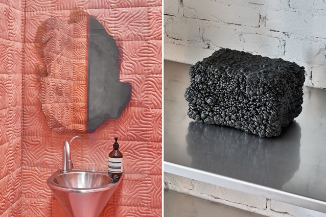 The mirror is part of the <em>3 to 5 Seconds</em> collection by Jenny Nordberg and is made by quickly splashing silver over sheets of glass; Marcelis visited a factory working with two-component rubber coating. This wooden block goes underneath objects during the coating process.
